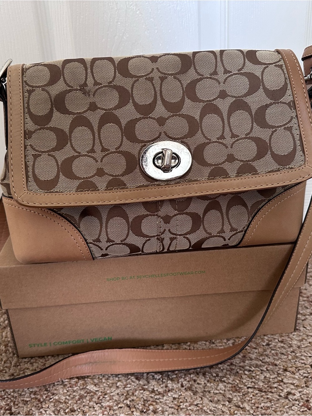 Coach Brown Signature Canvas Crossbody with Tan Leather Trim